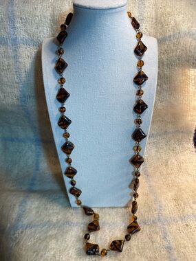 Vintage Tortoiseshell Glass Bead Necklace 32” | Long | Amber Brown Swirl Glass
